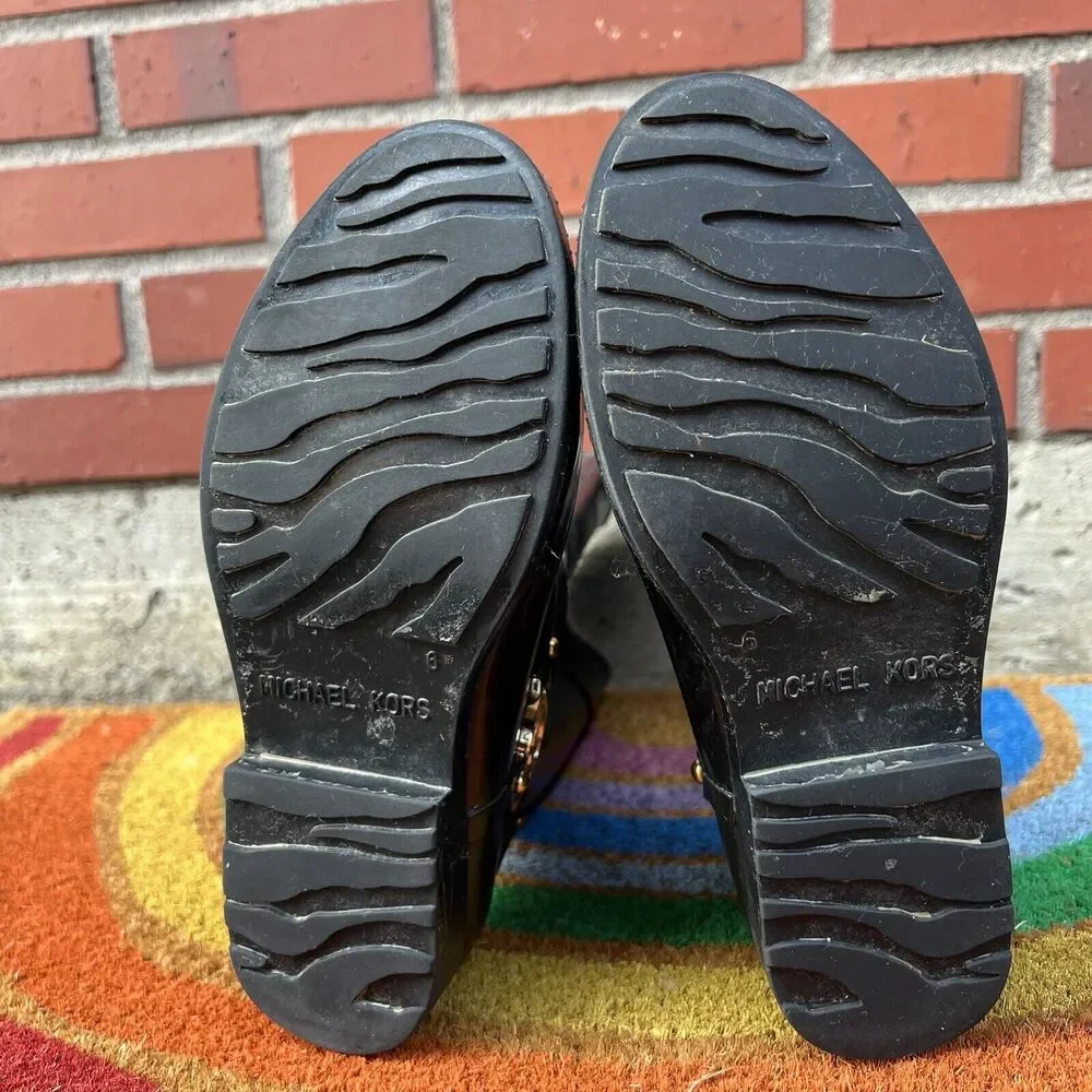 Michael Kors Fulton Harness Tall Rain Boots Womens Size 6 Black Gold Logo Gloss - Picture 10 of 11